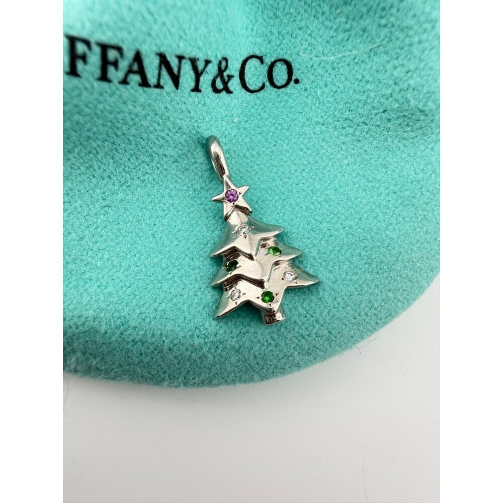 Tiffany & Co. 18k Christmas Tree Charm White Gold w/Sapphire Diamond Tsavorite